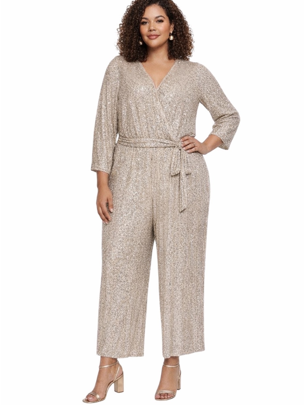 Eliza J Full Sequin Wide Leg Beige Cocktail Formal Plus Size Bling Jumpsuit 18w
